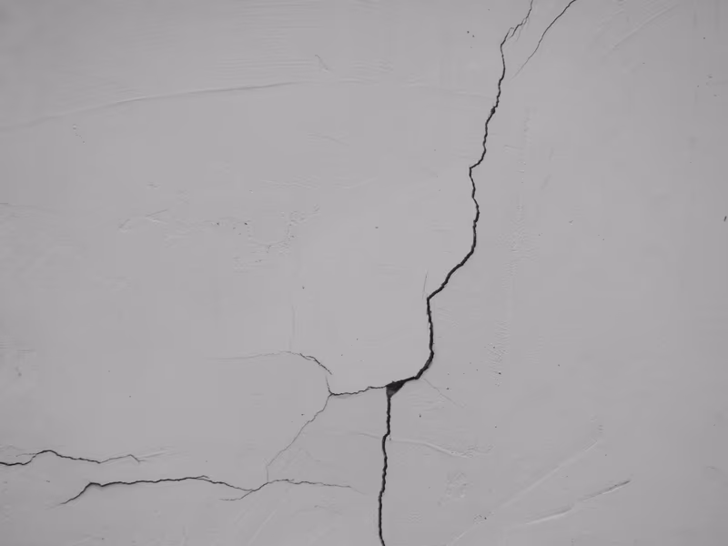 A single dominant crack running down a rendered wall, with finer hairline cracks branching away from it